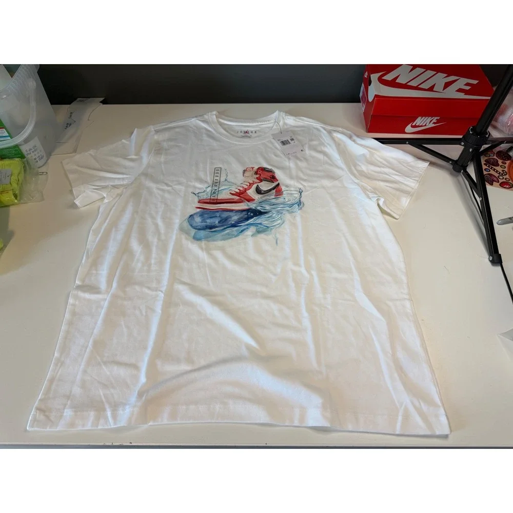 Jordan Mens AJ1 Watercolor Sneaker Graphic T-Shirt White DQ7380-100 XXL NWT